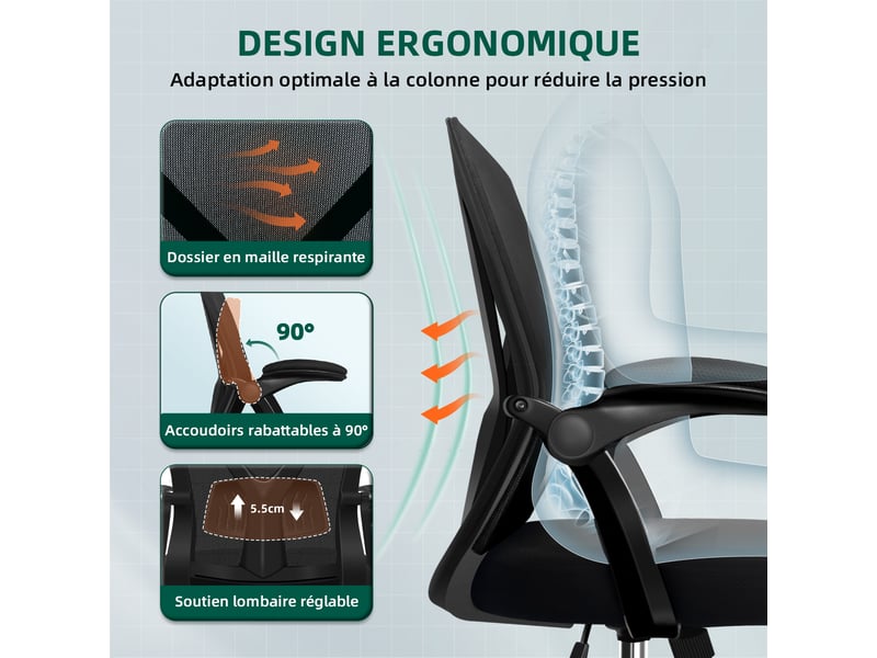  Chaise de bureau, chaise ergonomique pivotante maille respirante, accoudoirs rembourrés, hauteur10cm, dossier125°, charge150kg  - Conforama E