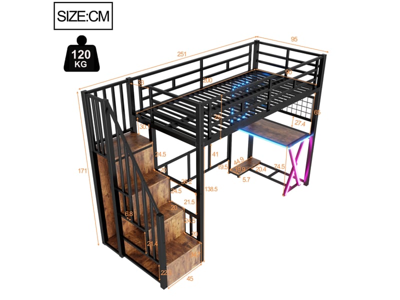  Lit mezzanine 90x200 cm avec bureau et éclairage, en métal et mdf noir  - Conforama E