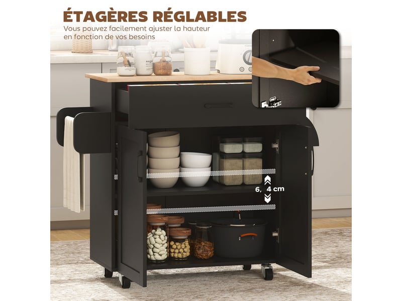  Dessert îlot de cuisine multi-rangements tiroirs placard 2 portes avec étagère réglable noir 105 x 36 x 85 cm  - Conforama R