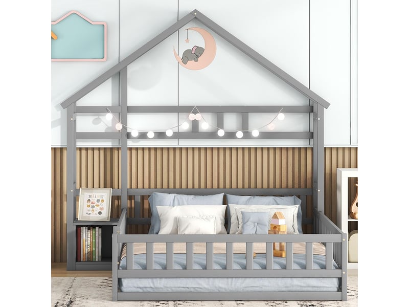 Lit cabane enfant 140x200, lit au sol avec barrière, lit gris avec table de chevet en bois massif pour chambre d'enfant. - Conforama D