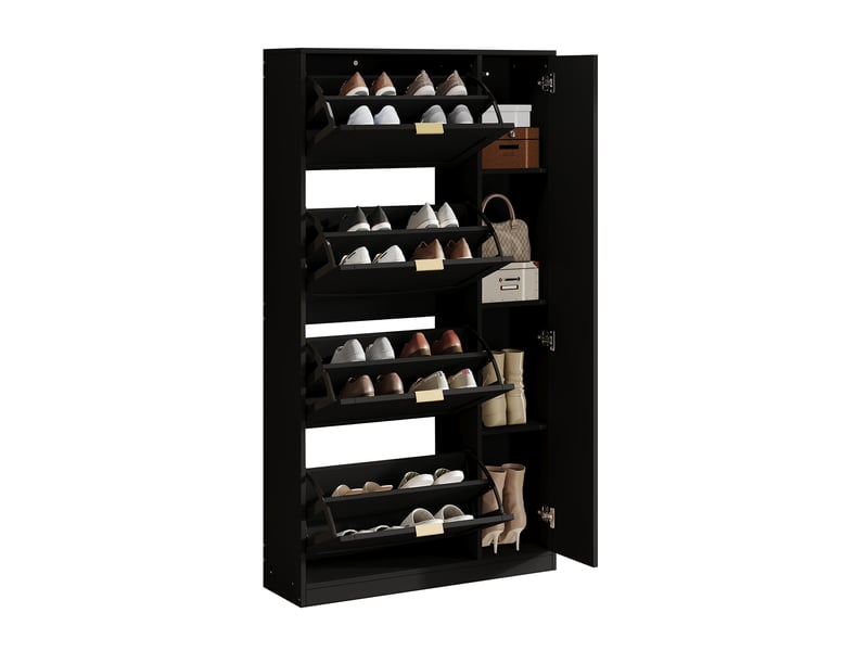  Meuble à chaussures miroir 80 x 24 x 147 cm, 4 compartiments rabattables, étagère réglable derrière la porte droite, pour entrée, noir  - Conforama A