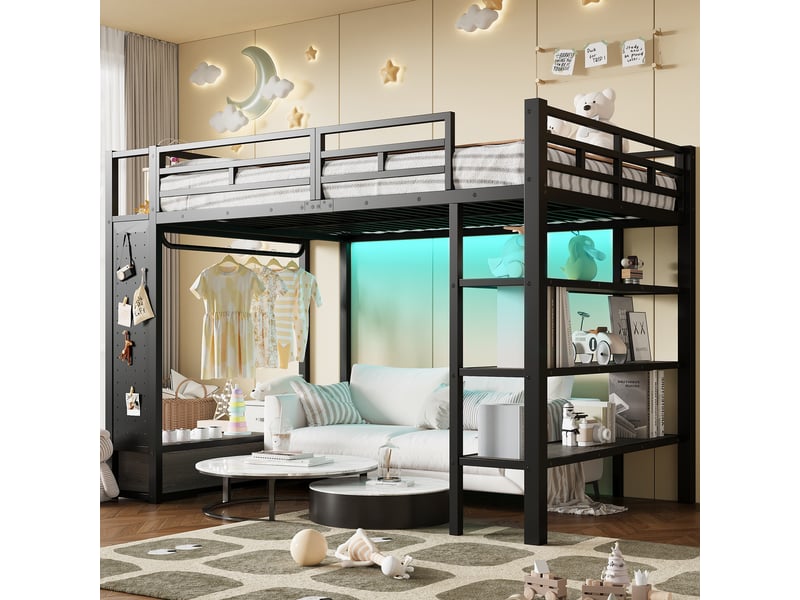 Lit mezzanine 140x200 cm noir, avec penderie, rangements, 2 tiroirs, étagères, panneau perforé, led 7 couleurs, structure métal, sommier inclus, sans matelas - Conforama R