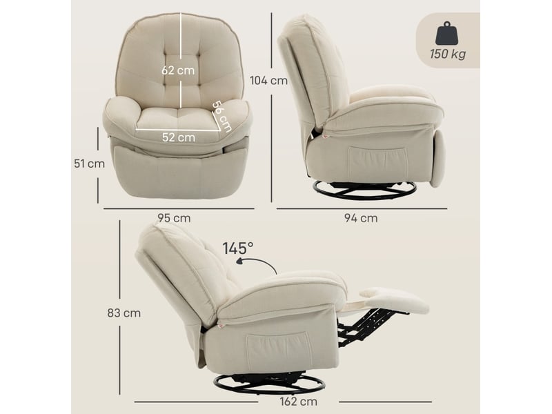  Fauteuil relax inclinable 95x94x104 cm pivotant et à bascule blanc crème  - Conforama C