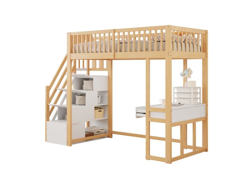  Lit mezzanine 90x200 avec bureau et escalier de rangement sécurisé, lit mezzanine blanc pour enfant en pin massif, 250x96x175cm.  - Conforama C