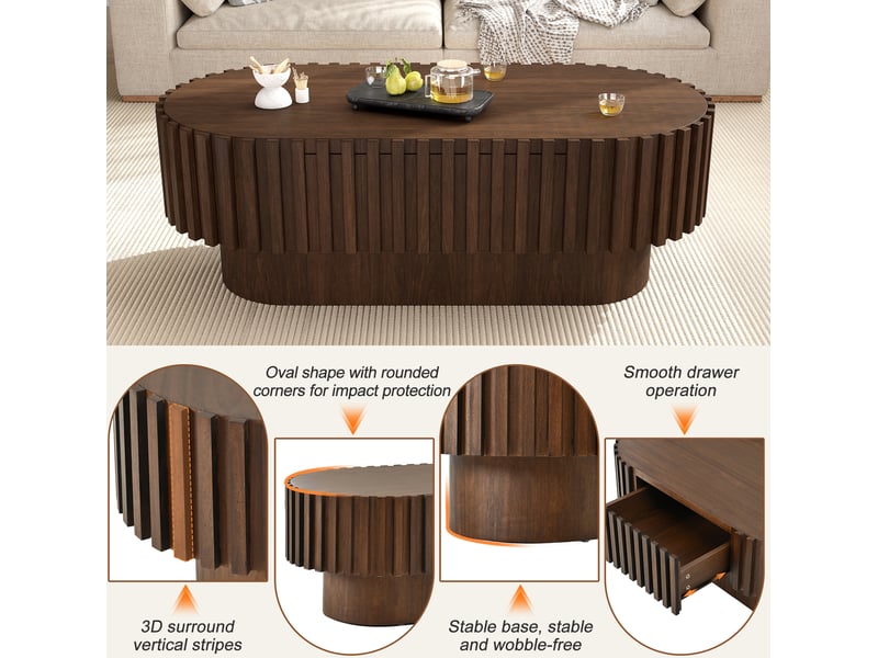  Table basse ovale 100x50 cm – noyer – tiroir intégré et décor à lamelles pour salon moderne rustique  - Conforama E