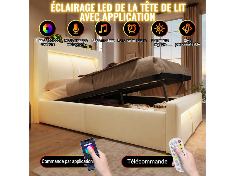  Lit double 180x200 cm avec rangement hydraulique, éclairage led, velours beige  - Conforama E