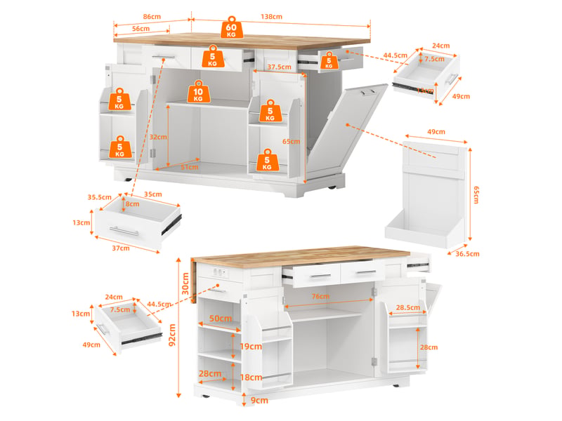 Îlot de cuisine armoire buffet chariot coulissant roulettes deux côtés étagère épices deux portes deux tiroirs blanc et bois - Conforama C