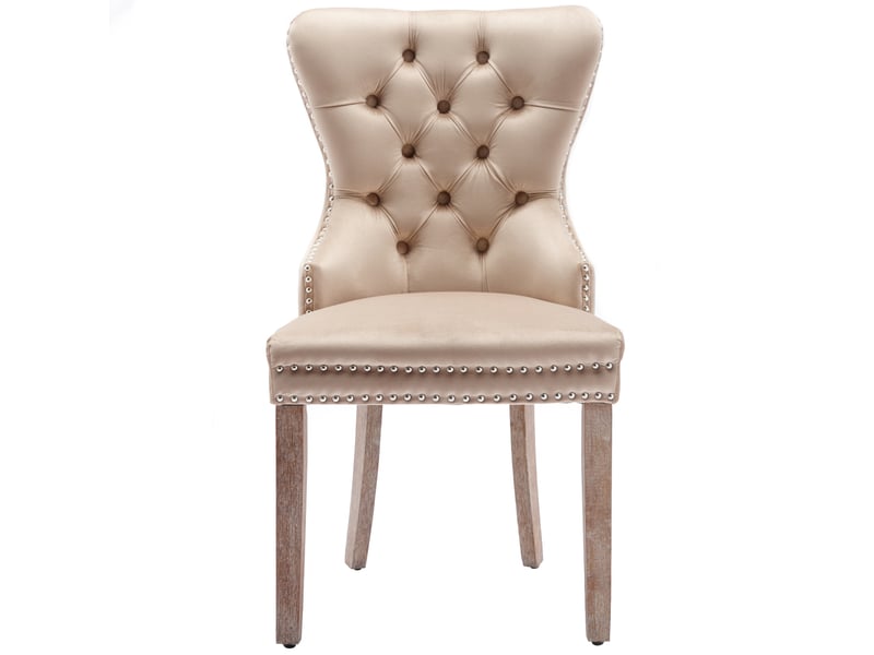  Lot de 2 chaises de salle à manger en velours beige – design capitonné avec anneau, clous décoratifs et pieds réglables effet usé  - Conforama A