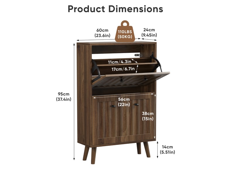  Meuble à chaussures 60x24x95 cm, style années 50, rangement modulable en mdf et panneau de particules, noyer  - Conforama C