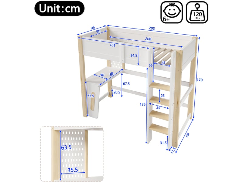  Lit mezzanine enfant 90x200 cm blanc et naturel pin et mdf, bureau, panneau perforé et éclairage led  - Conforama C
