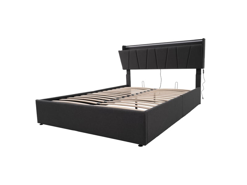  Lit coffre 160x200 gris en tissu avec tête de lit led, usb et type c, rangement pratique pour chambre moderne  - Conforama D