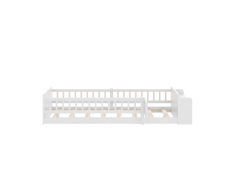  Lit enfant 90x200 cm en pin blanc, rangement ouvert, étagères et espace de rangement, sans matelas  - Conforama A
