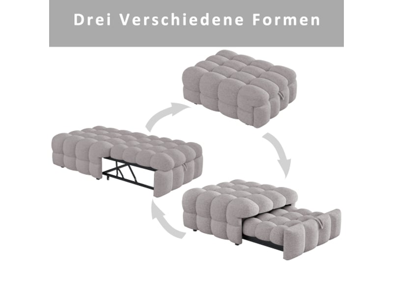  Lit capitonné gris 2-en-1 – canapé-lit extensible et pouf repose-pieds en bouclé  - Conforama E