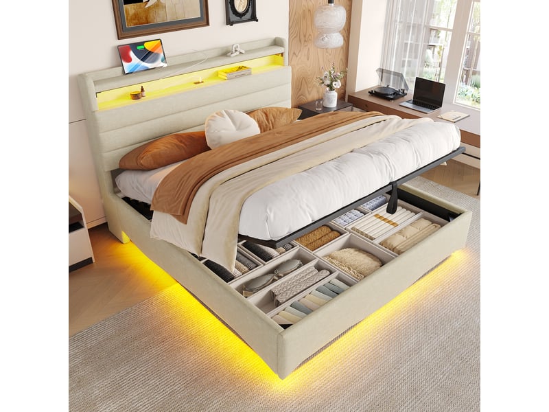  Lit capitonné 140 x 200 cm beige, led, relevage hydraulique, usb et type-c, rangements, sans matelas  - Conforama C