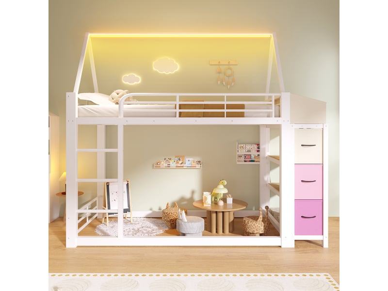 Lit mezzanine cabane 90 x 200 cm avec étagères ouvertes, tiroirs en tissu et led multicolore, structure en mdf et métal blanc, sans matelas - Conforama R