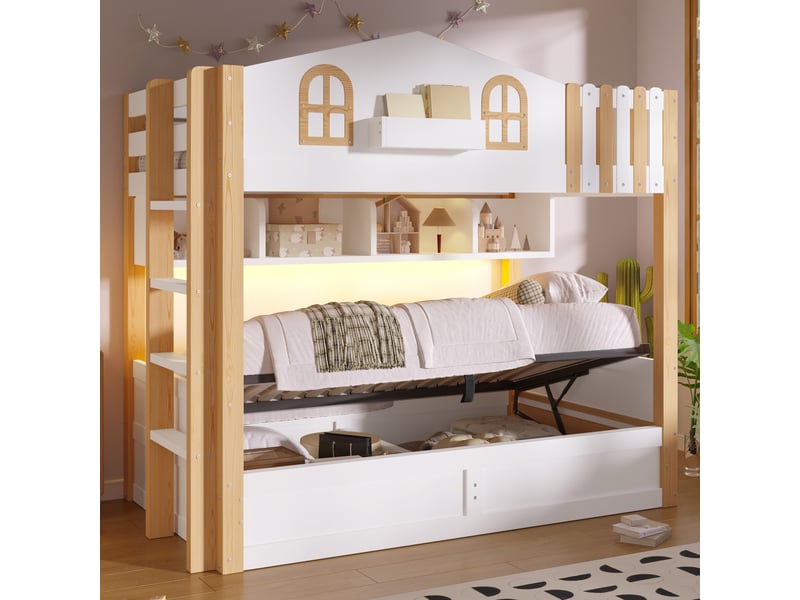  Lit superposé cabane enfant 2 x 90 x 200 cm avec coffre hydraulique, led, échelle réversible, étagères ouvertes, pin massif et mdf, blanc et naturel  - Conforama D