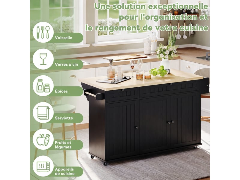  Îlot de cuisine mobile, plateau rabattable, 2 tiroirs, 3 portes, 137 x 70 x 89,5 cm, noir et naturel  - Conforama D