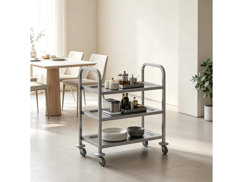 Chariot de service à 3 niveaux en acier inoxydable avec 4 roulettes, desserte de cuisine polyvalente, capacité 150 kg, 90x50x88 cm - Conforama R
