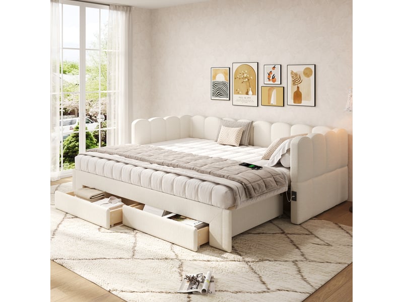  Lit rembourré 90x200 cm, lit de jour avec 2 tiroirs de rangement, canapé-lit extensible à 180 cm, lin beige, avec prise usb  - Conforama C