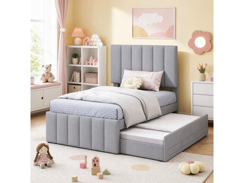  Lit gigogne 90x200 cm avec 3 tiroirs et tête de lit réglable, gris  - Conforama D