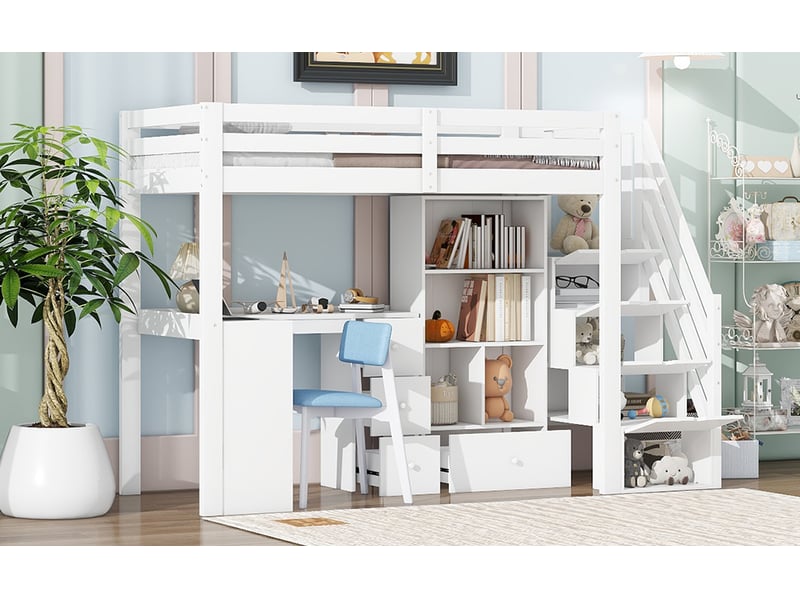  Lit mezzanine 90 × 200 cm, bureau, 4 tiroirs, étagères ouvertes, escalier de rangement, structure en pin et mdf, blanc  - Conforama B