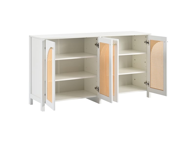  Buffet 4 portes rotin blanc minimaliste 145cm, meuble de rangement salle à manger avec étagères réglables  - Conforama W
