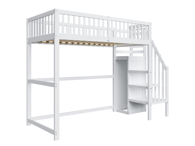  Lit mezzanine enfant 90x200 cm blanc en bois, escalier, rangement, penderie et sans matelas et structure solide  - Conforama A