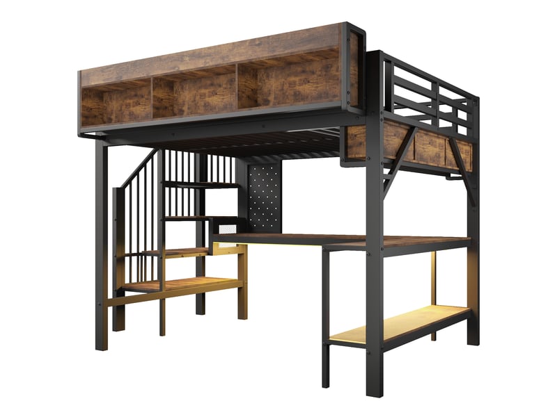  Lit mezzanine 140x200 cm marron et noir avec bureau d'angle, rangement, usb type-c et led, sans matelas  - Conforama A
