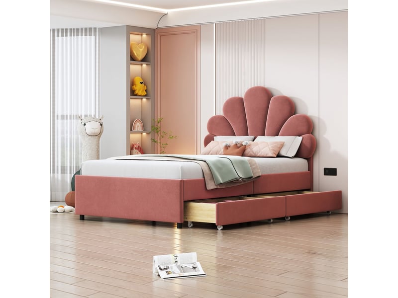  Lit enfant 90x200, structure robuste lit combine enfant, rangement intégré, tête de lit design, velours doux  - Conforama B