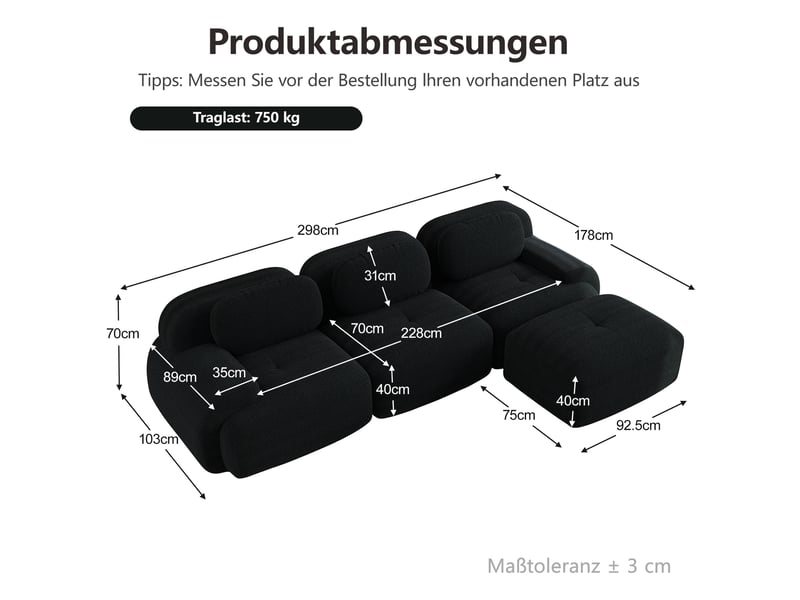 Canapé d'angle modulable en velours côtelé, noir, 298 x 178 x 70 cm Fay Lum - Conforama C