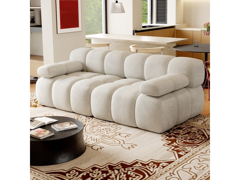 Canapé compressé 2 places 200x100x68 cm sans structure, sans montage, mousse haute résilience, assise profonde, tissu chenille blanc - Conforama C