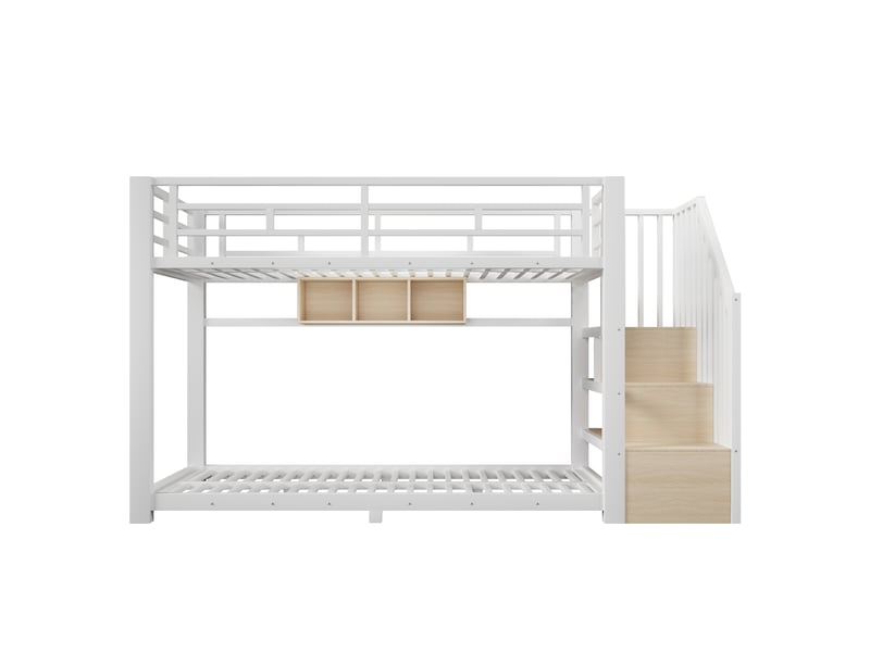 Lit superposé enfant 90 x 200 cm en métal avec led par application, 3 rangements, escalier intégré et garde-corps, blanc - Conforama B