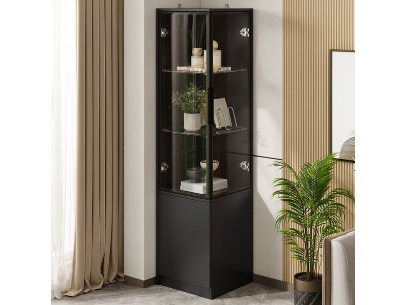 Vitrine d'angle led avec rangements fermés et portes vitrées, en panneau de particules noir, 40 × 40 × 160 cm - Conforama C