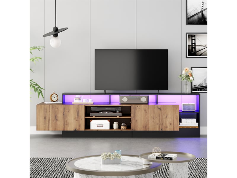  Meuble tv 190 cm pour écran jusqu'à 70 pouces, bois et noir, avec led app  - Conforama B