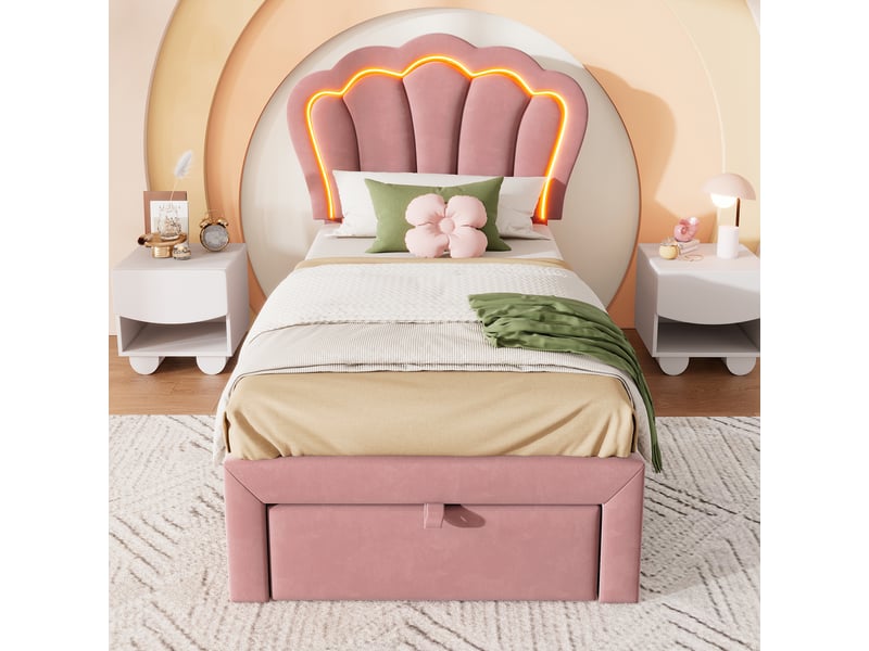  Lit enfant simple led 90x200cm avec tiroir à roulettes, structure en bois, velours, rose, sans matelas  - Conforama W