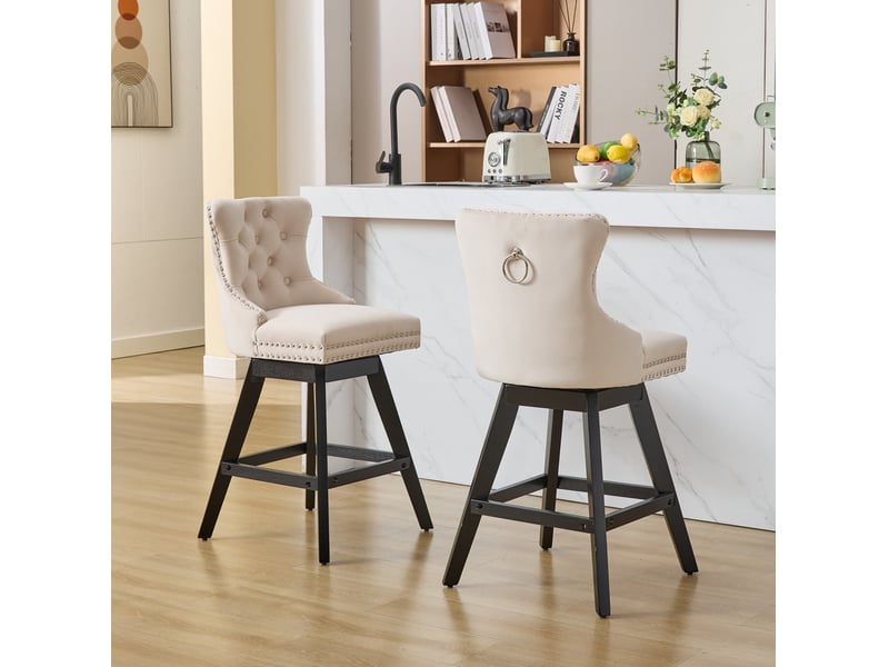  Tabouret de bar pivotant velours beige dossier courbé pieds bois cravdom  - Conforama D
