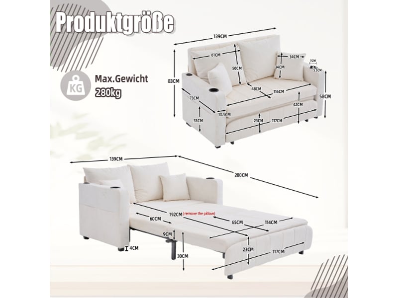 Canapé convertible en tissu beige chenille – lit d'appoint, rangements sur accoudoirs, usb et porte-gobelets - Conforama B