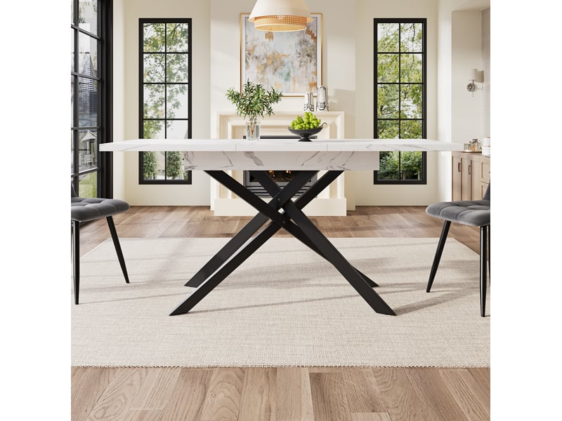 Table extensible 120-160x80x76,5 cm pieds croisés métal plateau mdf effet marbre(matériau non marbré), blanc+noir - Conforama B