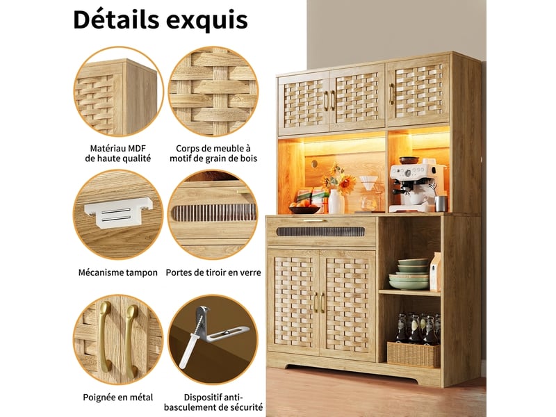  Armoire haute de salon avec led 120x180cm buffet de cuisine en mdf naturel  - Conforama C