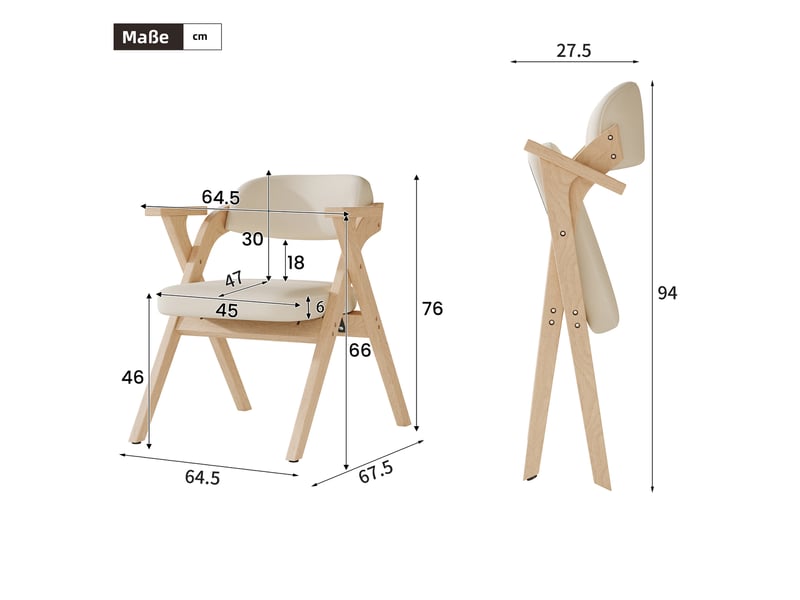  6 chaises pliantes de salle à manger 64.5x66.5x76 cm, avec accoudoirs, bois, beige  - Conforama C