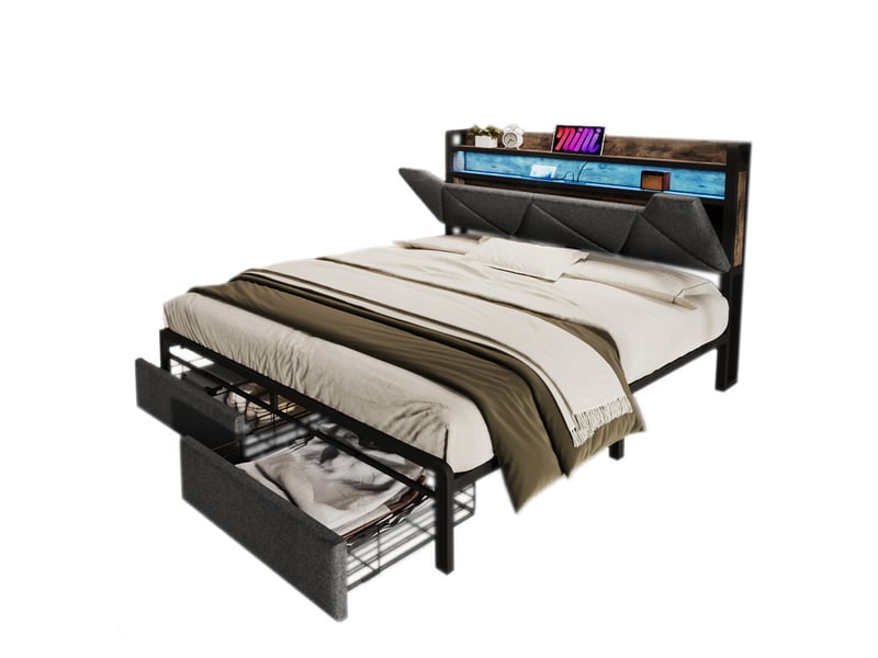  Lit coffre 160 × 200 cm 2 places avec led, usb, type-c, rangement et 2 tiroirs, sans matelas, en lin gris  - Conforama A