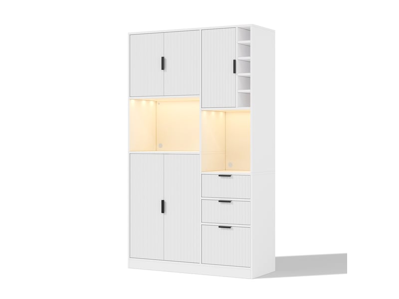  Buffet de cuisine haut 105 x 40 x 180 cm – blanc – led, prises intégrées, 3 tiroirs et casier à bouteilles  - Conforama D