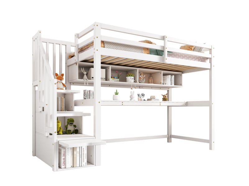  Lit mezzanine enfant 90x200 cm avec escalier de rangement, bureau et étagères blanc  - Conforama A