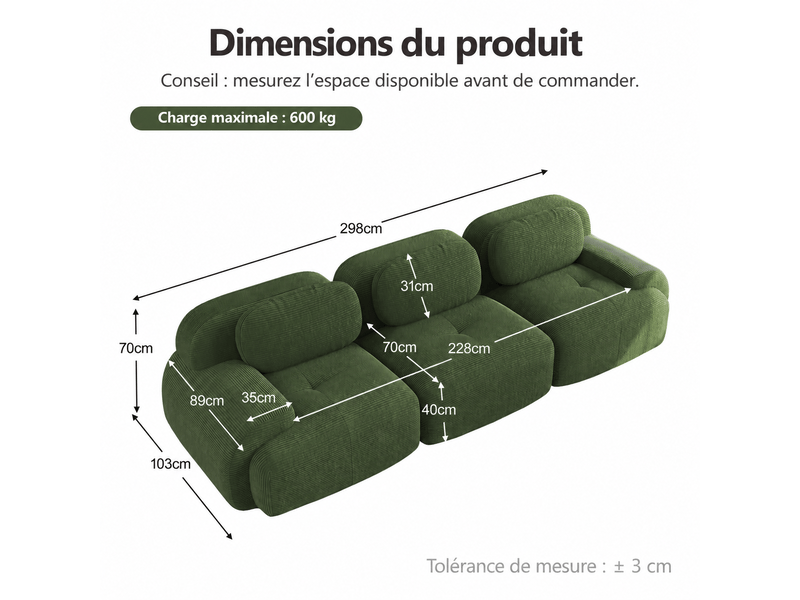 Canapé modulable 3 places 298 cm, velours côtelé vert, sans structure rigide, sans montage Sol Morn - Conforama C