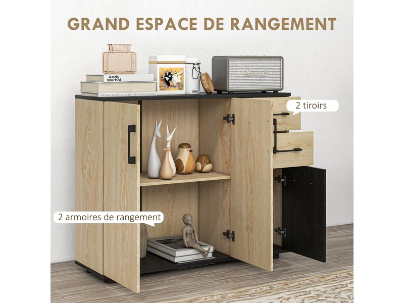 Meuble buffet de rangement cuisine 2 placards étagère réglable 2 tiroirs naturel noir 90 x 30 x 75,5 cm  - Conforama A
