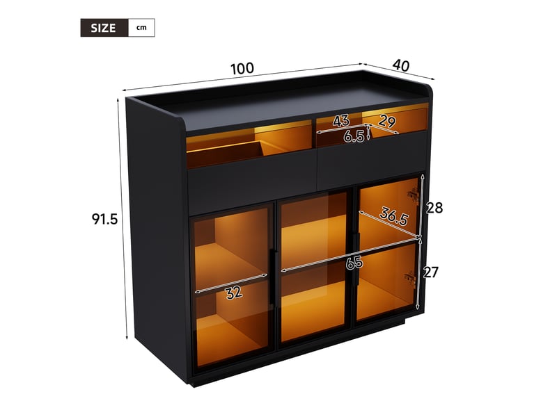  Buffet vitrine 100x40x91.5cm avec verre de sécurité teinté, 2 tiroirs à façade vitrée et éclairage led multicolore, meuble bar, noir evarich - Conforama C