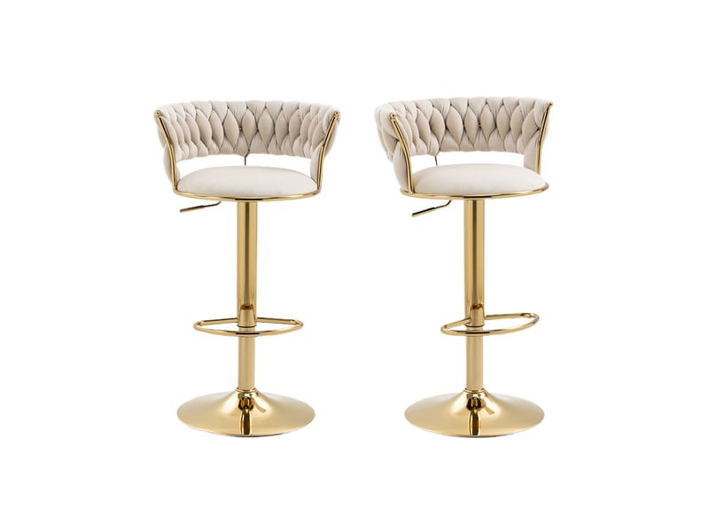 Tabouret de bar pivotant réglable en hauteur avec dossier ajouré et base dorée en velours ivoire - Conforama A