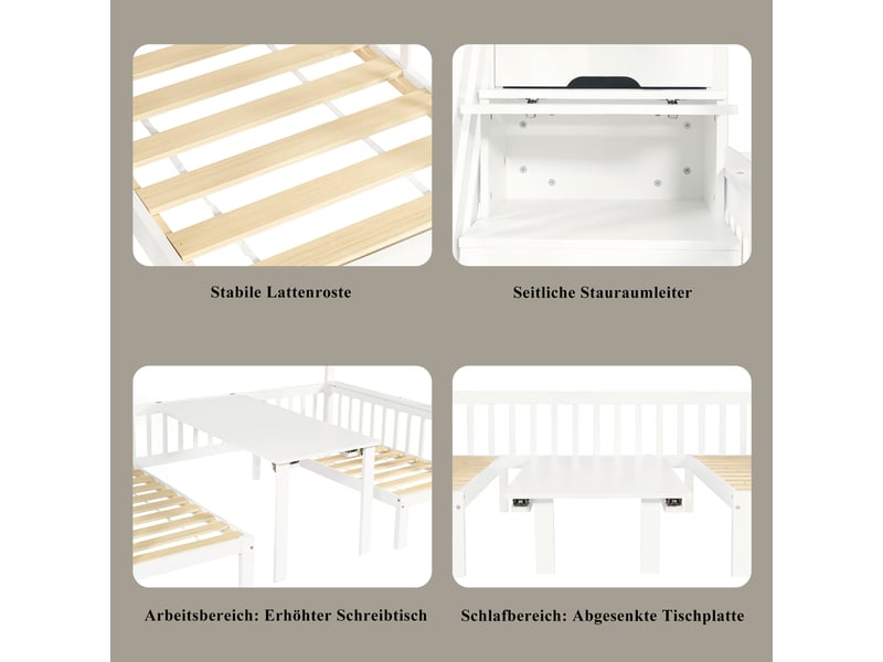 Lit superposé blanc en pin et mdf, couchages 90x200 et 120x200 cm, avec table réglable et escalier à rangements  - Conforama D
