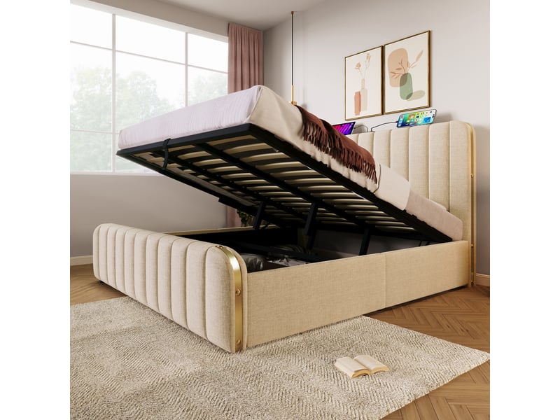 Lit adulte,180x200 cm,avec rangement hydraulique et usb,lin,beige  - Conforama B