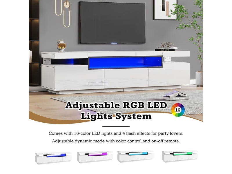 Meuble tv contemporain blanc laqué 160x39x42 cm – led 16 couleurs – 3 tiroirs – support tv jusqu'à 70 pouces - Conforama D